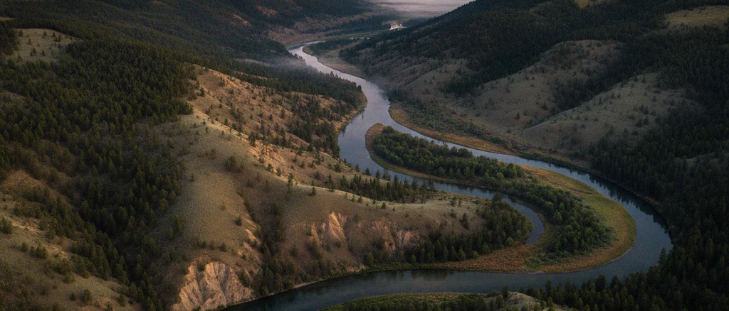 Panoramic aerial view of an open river valley at dawn — rolling forested hills, winding river, raw undeveloped terrain