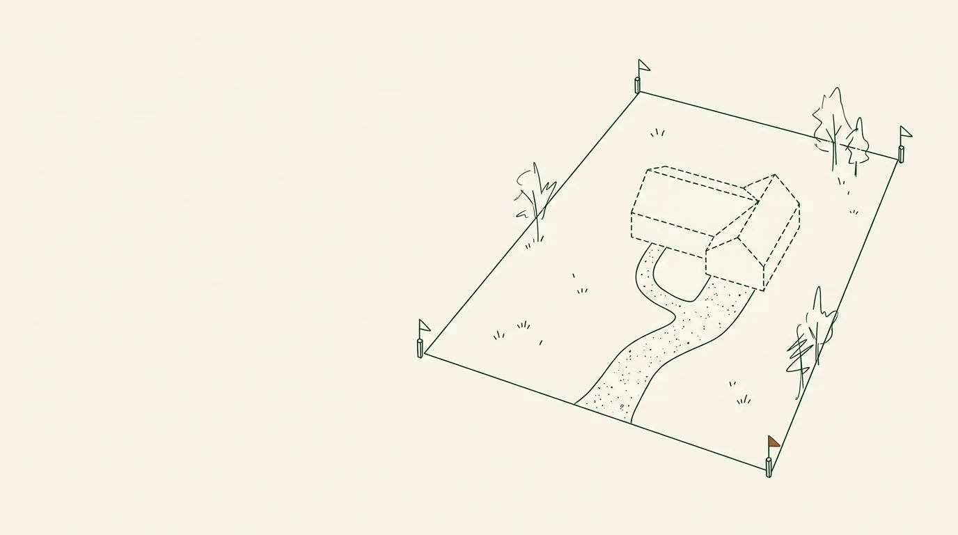 Line drawing of a staked lot with a dashed house outline