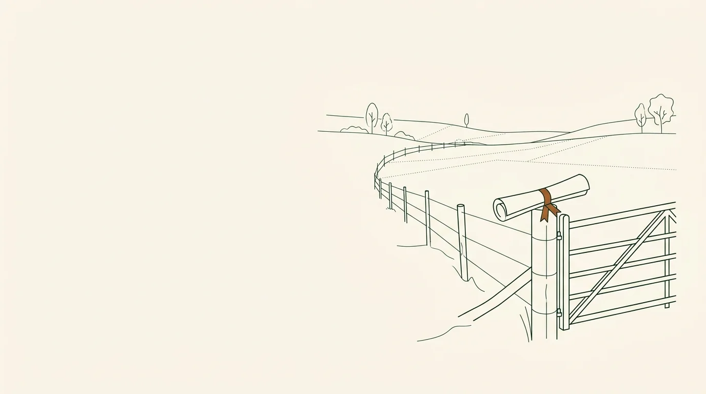 Line drawing of a field gate with a rolled contract on the post