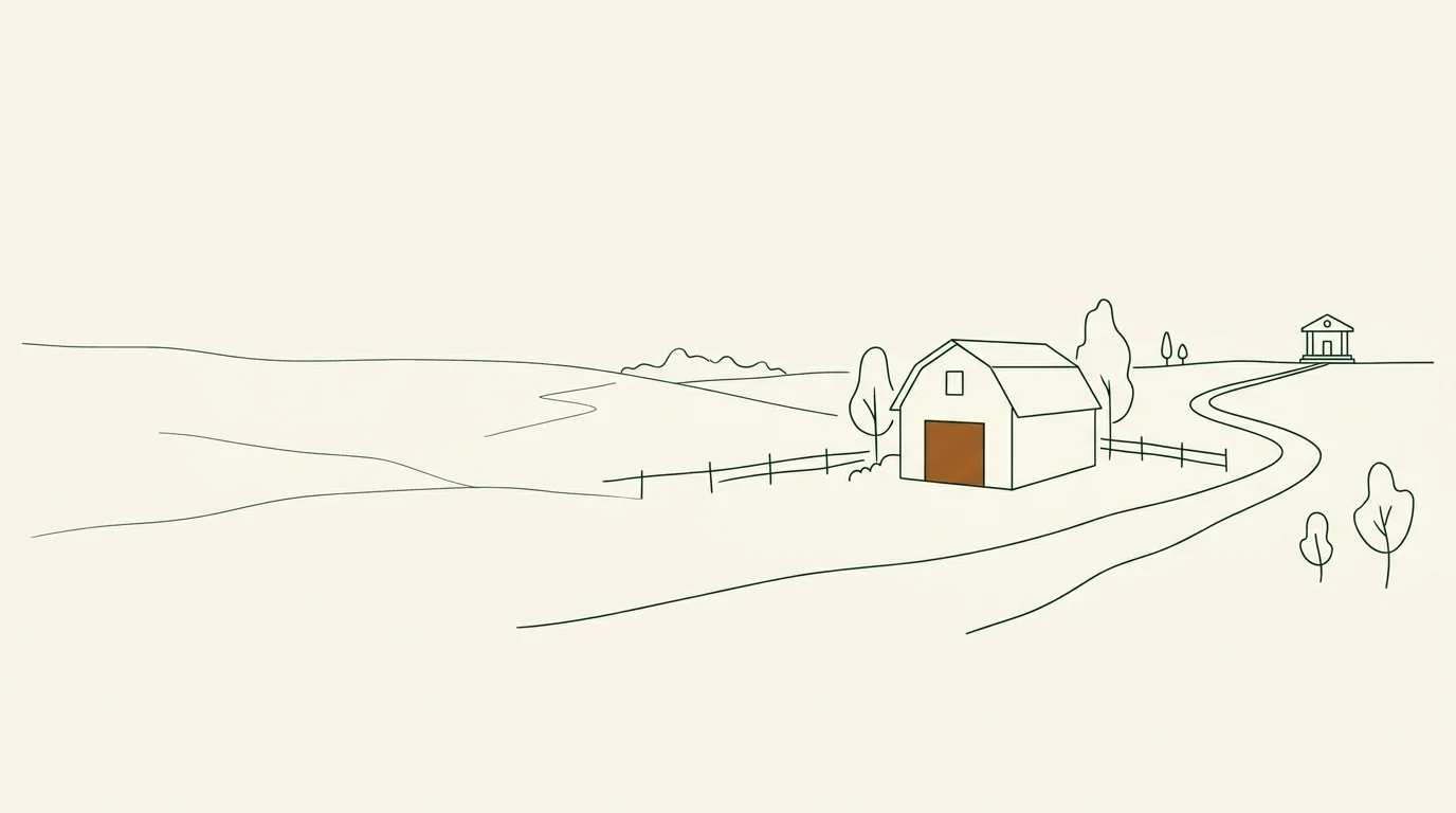 Line drawing of a barn and a road leading to a bank