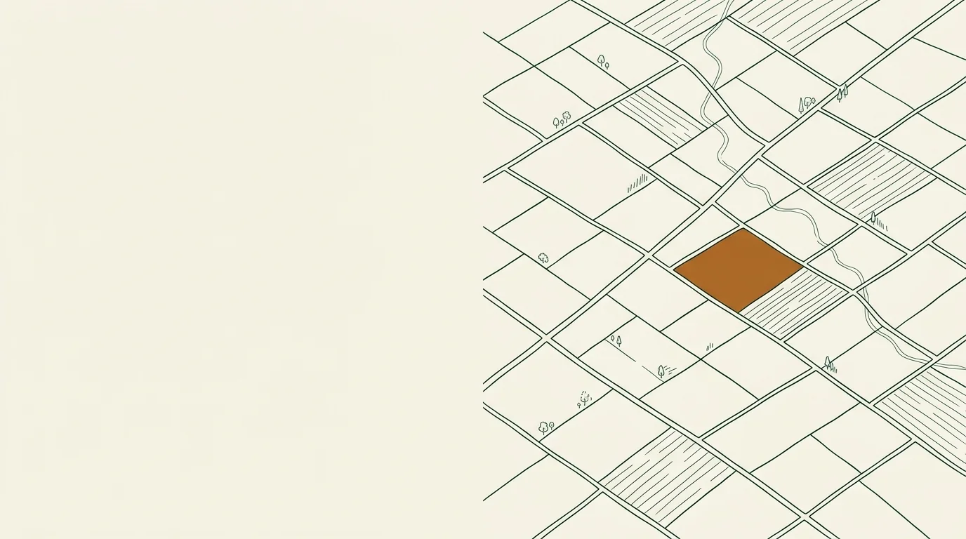 Line drawing of field parcels seen from above, one in copper